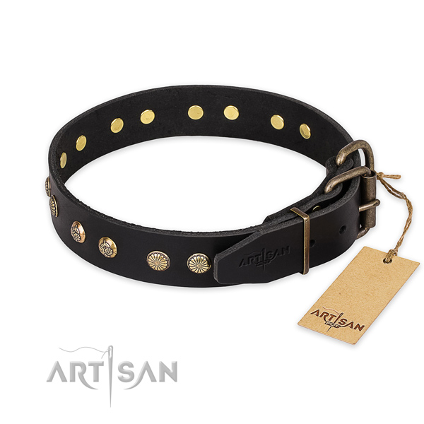 Handmade black leather dog collar with adornments