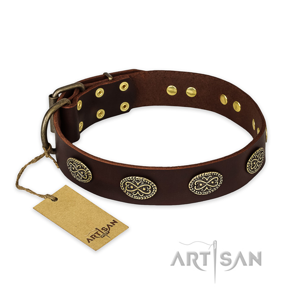 Brown Leather Dog Collar with Ornamented Decorative Ovals