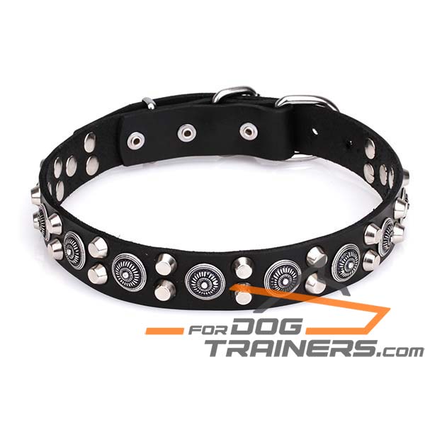 Dog Leather Collar with Cones and Circles