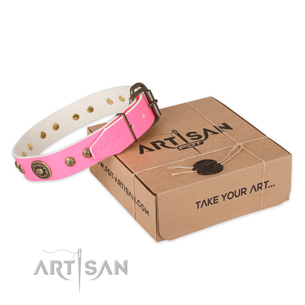 Stylish Pink Leather Dog Collar