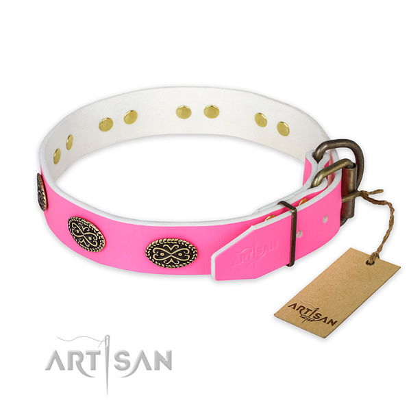 Pink Leather Dog Collar Decorated with Oval Plates