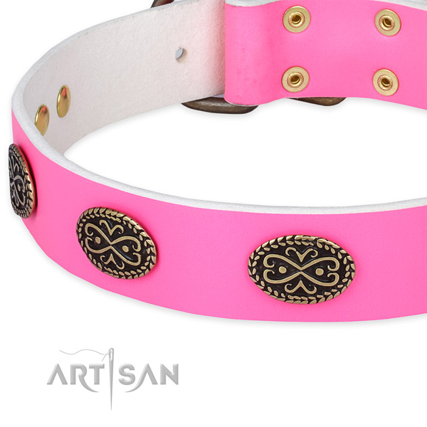 Pink Leather Dog Collar Decorated with Oval Plates