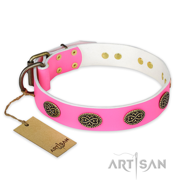 Pink Leather Dog Collar with Vintage-style Decorations