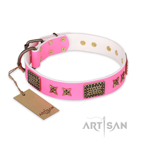 Pink Leather Dog Collar with Fancy Decorations