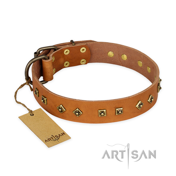 Natural Leather Dog Collar Decorated with Square Studs