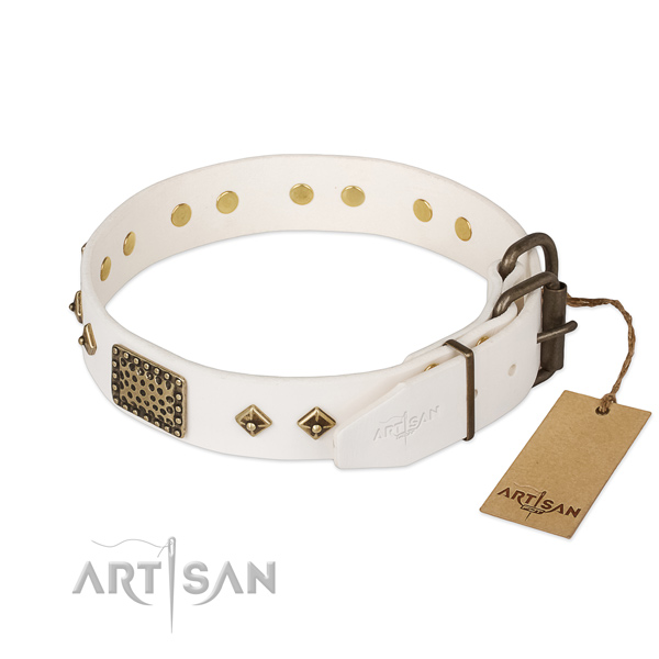 White Leather Dog Collar with Golden Look Fittings