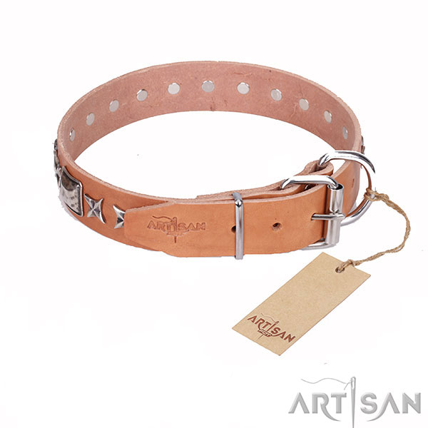 Tan Top Quality Leather Dog Collar with Strong Hardware