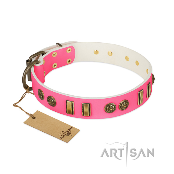 Pink leather dog collar with rust-proof adornment