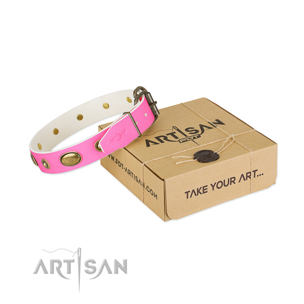 Stylish Pink Leather Dog Collar for Walking