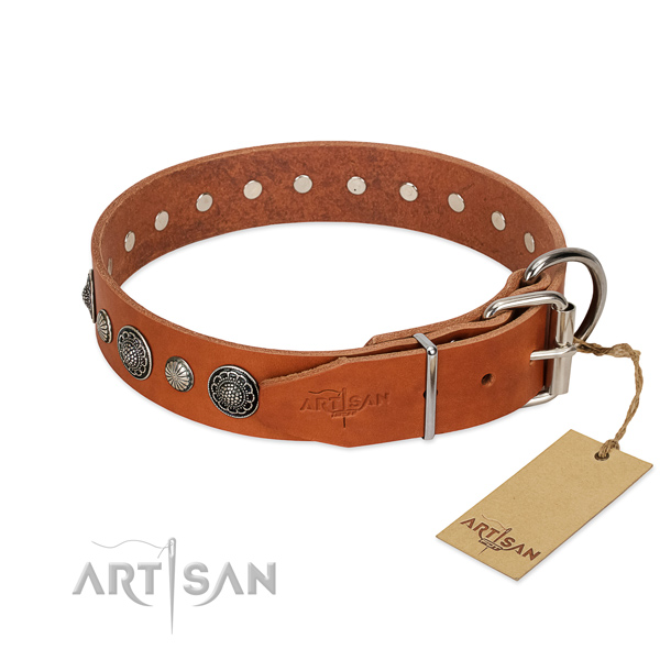 Tan leather FDT Artisan dog collar with chrome-plated buckle