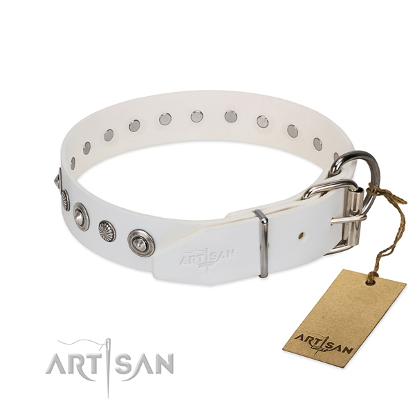 White leather FDT Artisan dog collar with chrome-plated buckle