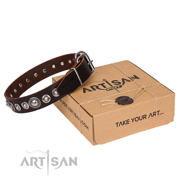 Brown dog collar made of genuine leather
