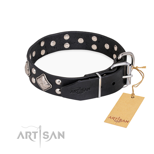 Black leather dog collar with chrome plated buckle and D-ring