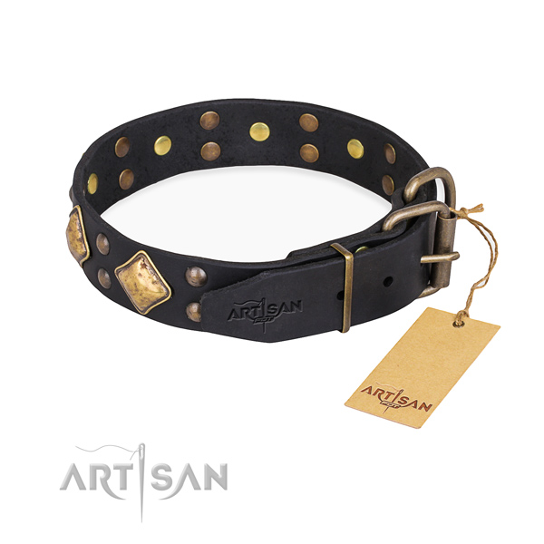 Black leather dog collar with comfy to use buckle and D-ring