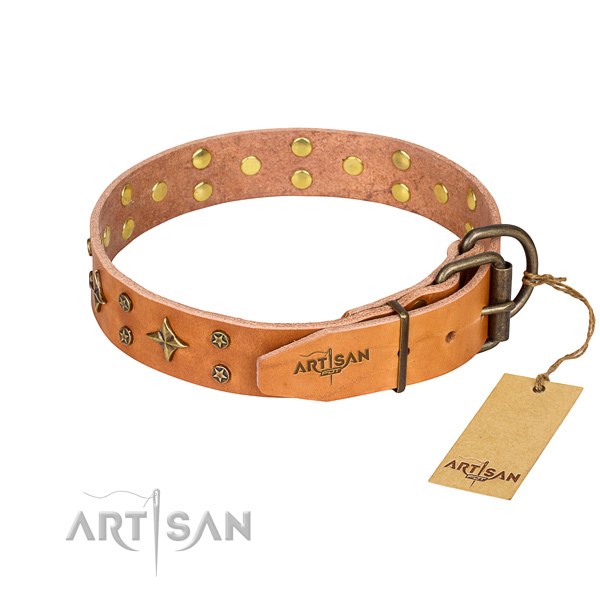 Tan leather dog collar with reliable hardware