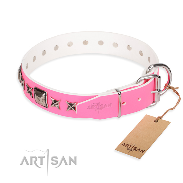 Pink leather dog collar with chrome plated steel hardware