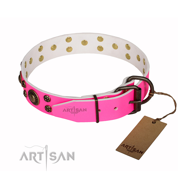 Extra sturdy pink leather dog collar
