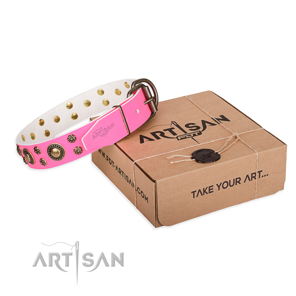 Decorated pink leather dog collar