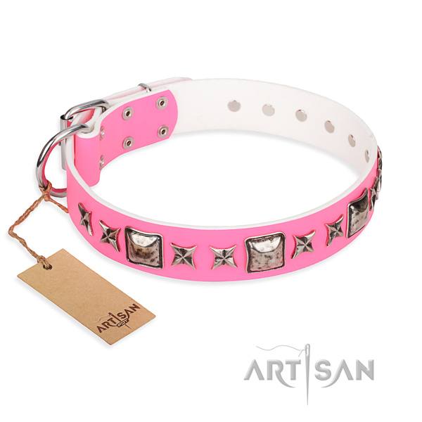 Exquisite pink leather dog collar
