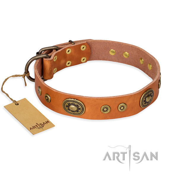 Handmade tan leather dog collar with studs