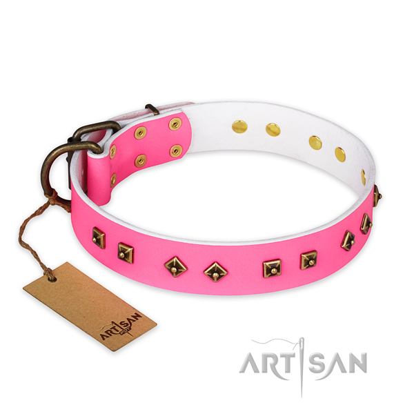 Pink Leather Dog Collar with Durable Buckle and D-Ring