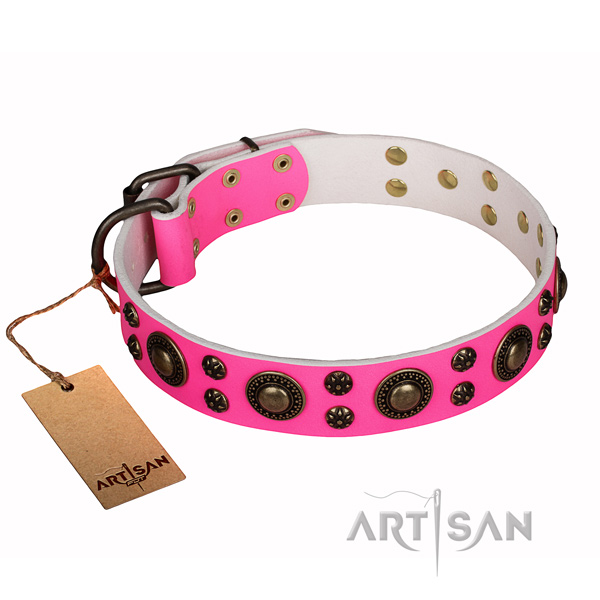 Pink leather dog collar handcrafted with circles