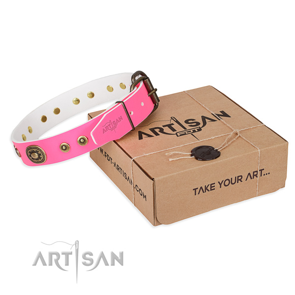 Lady pink leather dog collar with decorations