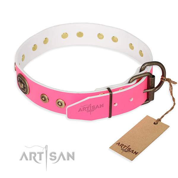 Pink leather dog collar for safe walking