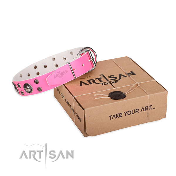 Pink leather dog collar for walking