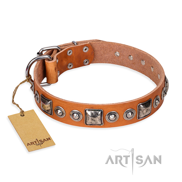 Tan leather dog collar with bulging decorations