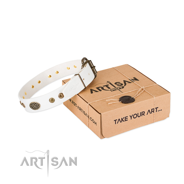 White leather dog collar with decorations