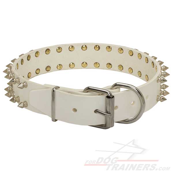 Leather Dog Collar with 2 Rows of Nickel-Plated Spikes